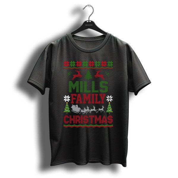 Mills Family Christmas Reindeer Sleigh Ugly Sweater Holiday Trees T Shirt 1 t shirt 1