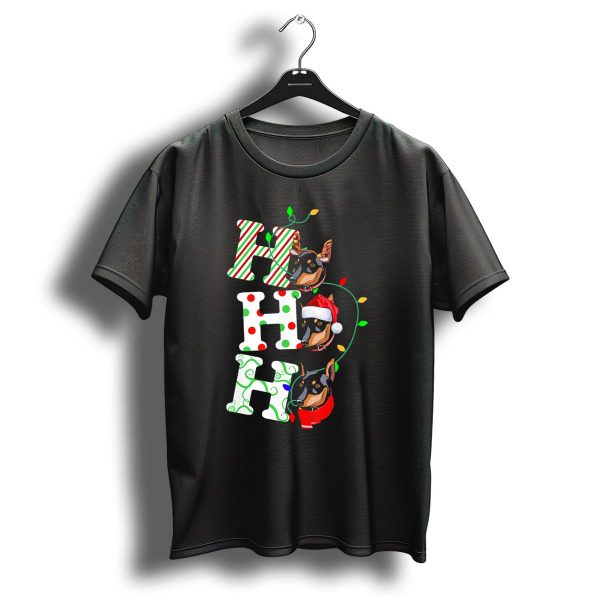 Miniature Pinscher Ho Ho Ho Christmas Santa Hat Festive Lights T Shirt 1 t shirt 1