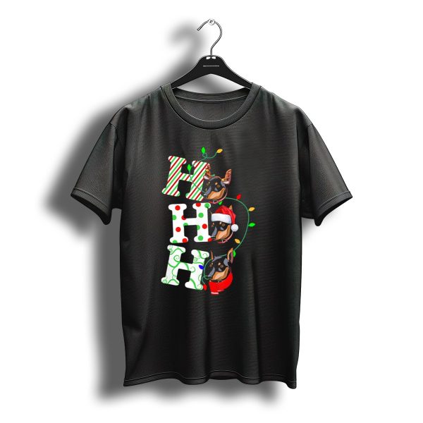 Miniature Pinscher Ho Ho Ho Christmas Santa Hat Festive Lights T Shirt t shirt 1