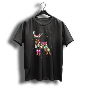 Miniature Pinscher Reindeer With Christmas Lights And Santa Hat T Shirt