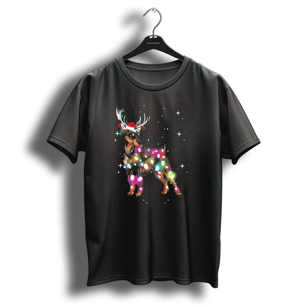 Miniature Pinscher Reindeer With Christmas Lights And Santa Hat T Shirt 1 t shirt 1