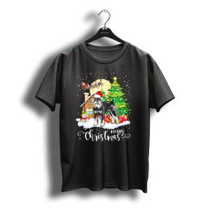 Miniature Schnauzer Merry Christmas Santa Sleigh Snowman Cabin Holiday Scene T-Shirt