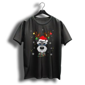 Miniature Schnauzer Reindeer Santa Hat Christmas Lights Snowflakes Stars T Shirt