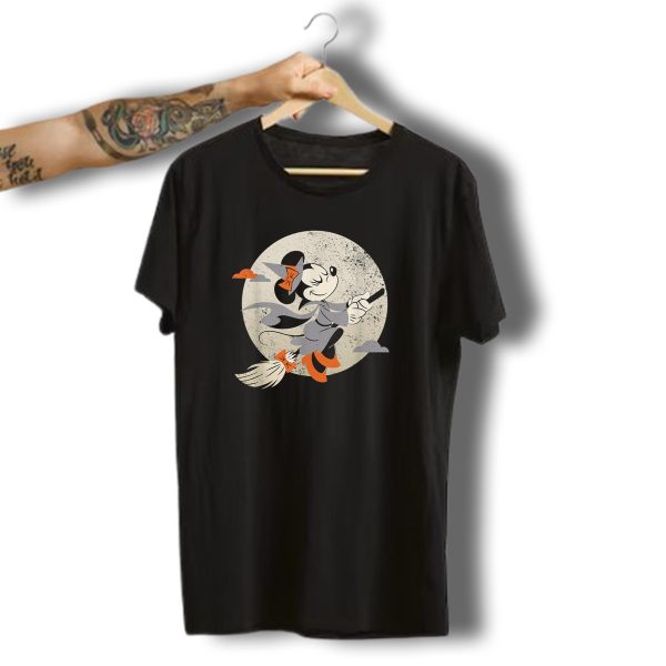 Minnie Mouse Disney Witch Flying On Broomstick Halloween Moon Scene T Shirt t shirt 1