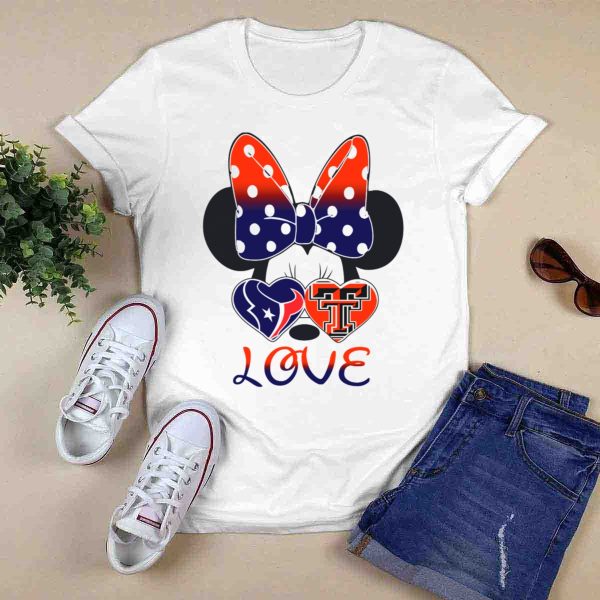 Minnie Mouse Love Texans And Texas Tech Hearts Bow T Shirt 0