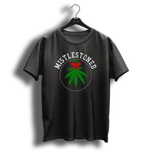 Mistlestoned Cannabis Christmas Weed Stoner Leaf With Red Bow T-Shirt