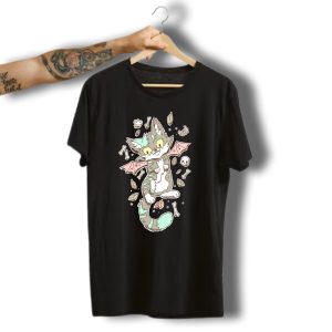 Monster Cat Skeleton Wings Halloween Skulls Bones Leaves T-Shirt