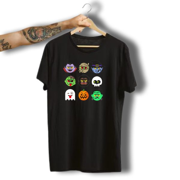 Monster Faces Halloween Emoji Dracula Mummy Witch Zombie Werewolf Skull Ghost Pumpkin T Shirt t shirt 1