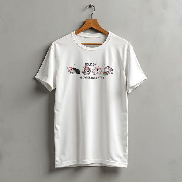 Moo Deng Hold On Im Overstimulated Santa Hat Pigs Christmas Tree Gifts T Shirt t shirt 1