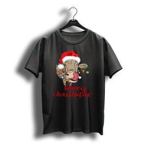 Mooey Christmas Cow Santa Hat Lights T-Shirt