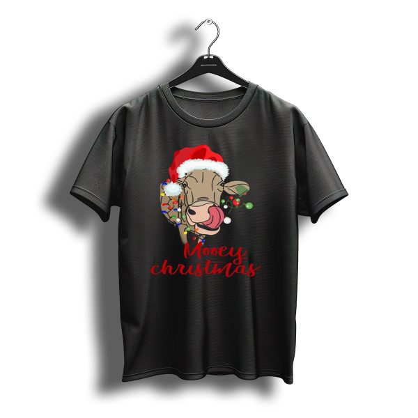 Mooey Christmas Cow Santa Hat Lights T Shirt t shirt 1