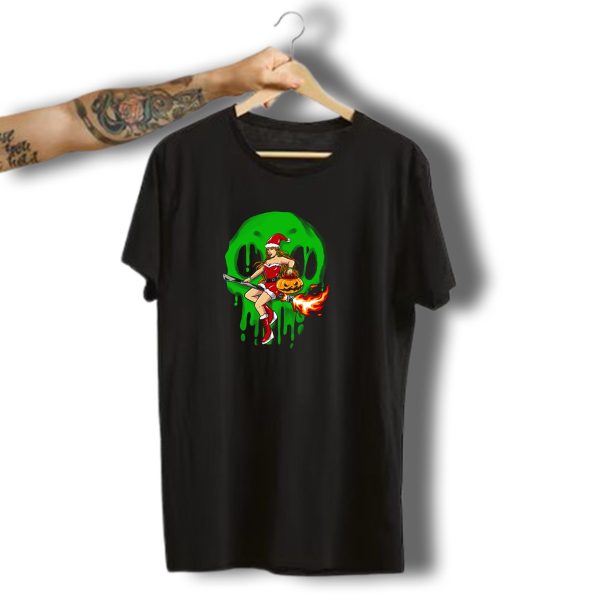 Moon Witch Santa Halloween Pumpkin Flame Broomstick Dripping Green Skull T Shirt t shirt 1