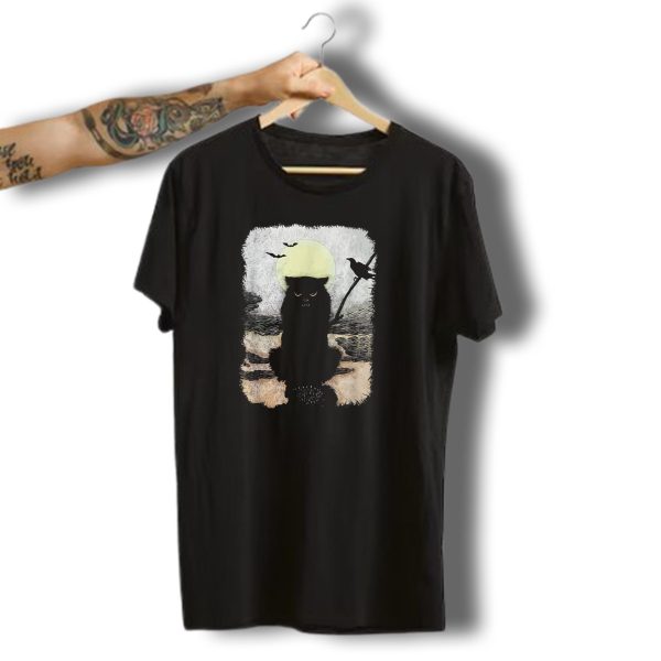 Moonlit Spooky Halloween Scary Black Cat With Bats And Crow T Shirt t shirt 1
