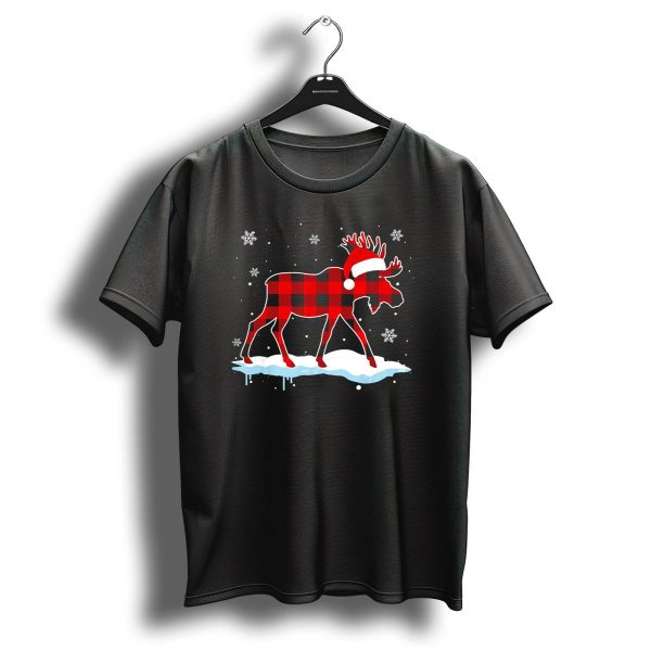 Moose Merry Christmas Red Plaid Santa Hat Snowflakes T Shirt 1 t shirt 1