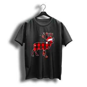 Moose Red Buffalo Plaid Christmas Santa Hat Snowflakes T-Shirt