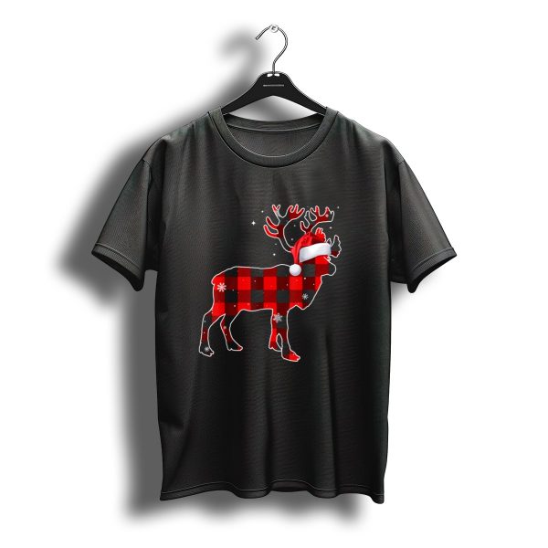 Moose Red Buffalo Plaid Christmas Santa Hat Snowflakes T Shirt t shirt 1