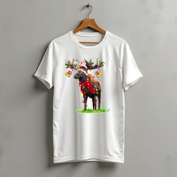 Moose Santa Reindeer Christmas Lights Holiday DeIACor T Shirt t shirt 1