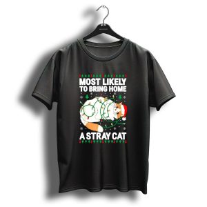 Most Likely To Bring Home A Stray Cat Christmas Lights Santa Hat Festive Holiday Cat T Shirt
