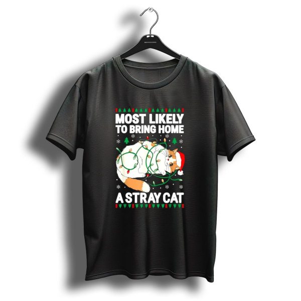 Most Likely To Bring Home A Stray Cat Christmas Lights Santa Hat Festive Holiday Cat T Shirt 1 t shirt 1