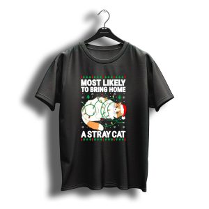 Most Likely To Bring Home A Stray Cat Christmas Lights Santa Hat Festive Holiday Cat T-Shirt