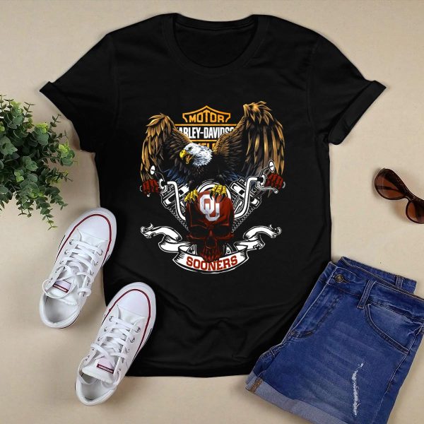 Motor HD Cycles Oklahoma Sooners Bald Eagle Skull T Shirt 1