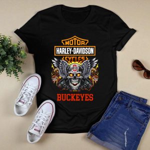 Motor HD Cycles Ohio State Buckeyes Skull Wings T Shirt