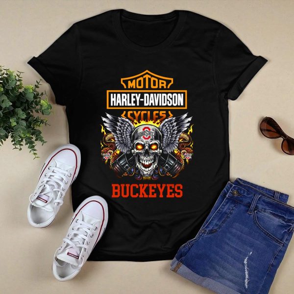 Motor Harley Davidson Cycles Ohio State Buckeyes Skull Wings T Shirt Black 1