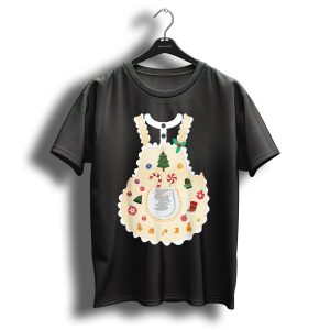 Mrs Claus With Festive Christmas Apron Featuring Santa And Holiday Decorations T Shirt