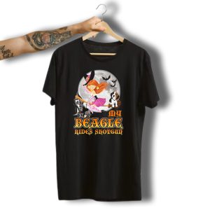 My Beagle Rides Shotgun With Witch Flying On Broomstick And Haunted Moon Scene T-Shirt