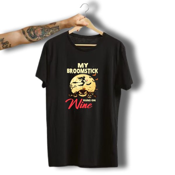 My Broomstick Runs On Wine Funny Halloween Moon Witch Jack O Lanterns T Shirt t shirt 1