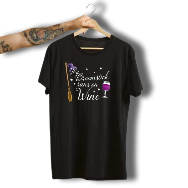 My Broomstick Runs On Wine Halloween Wine Glass And Witch Hat T Shirt 1 t shirt 1