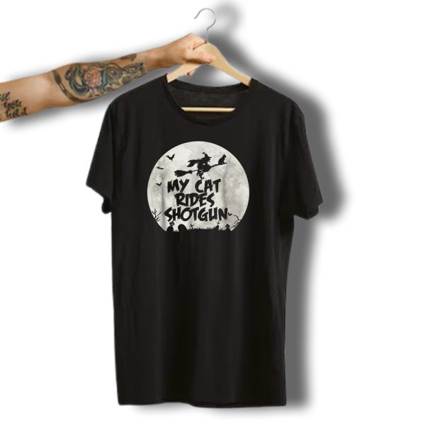 My Cat Rides Shotgun Witch Broomstick Halloween Moon Scene T Shirt t shirt 1