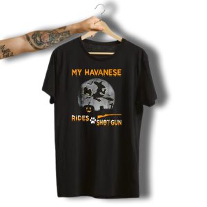 My Havanese Rides Shotgun Witch Broom Halloween Moon Pumpkin T-Shirt