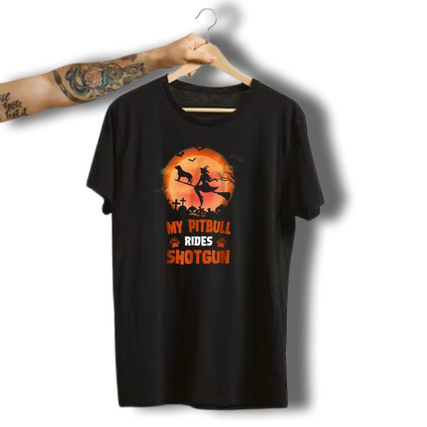 My Pitbull Rides Shotgun Halloween Witch And Dog On Broomstick Graveyard Scene T Shirt 1 t shirt 1