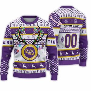 Personalized Lsu Tigers Reindeer Light Ugly Christmas Sweater