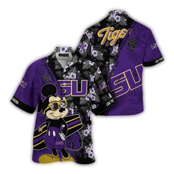 NCAA Lsu Tigers Hawaiian Shirt Mickey And Floral Pattern 1
