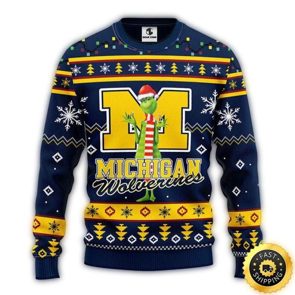 NCAA Michigan Wolverines Christmas Ugly Sweater Print Funny Grinch Gift For Football Fans 1