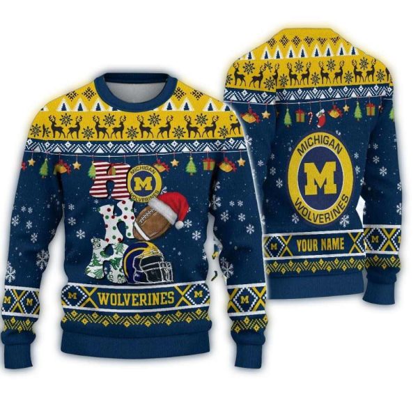 NCAA-Michigan-Wolverines-Football-HO-HO-HO-Ugly-Christmas-Sweater-1 NCAA Michigan Wolverines Football HO HO HO Ugly Christmas Sweater 1
