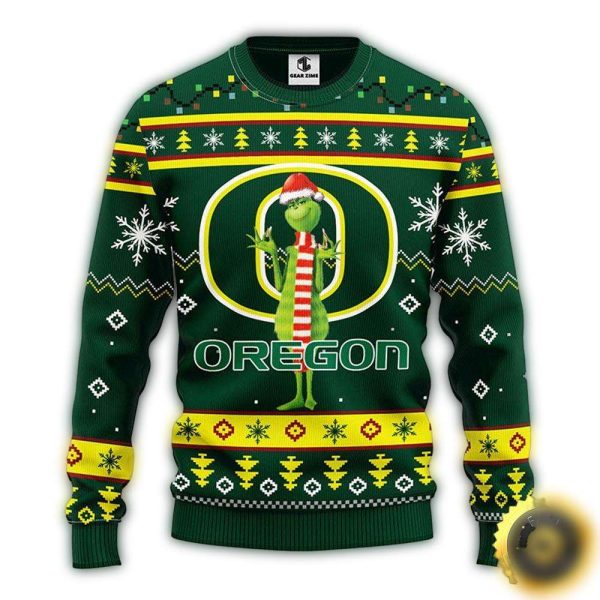 NCAA Oregon Ducks Christmas Ugly Sweater Print Funny Grinch Gift For Football Fans 1