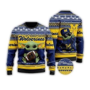 Michigan Wolverines Ugly Christmas Sweater Cute Baby Yoda Unisex Sweater