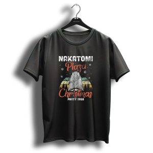 Nakatomi Plaza Christmas Party 1988 Retro Building Snowflakes Forest Scene T-Shirt