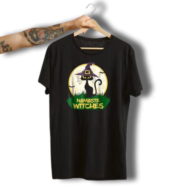 Namaste Witches Evil Black Cat Halloween Moon Bats Scene T Shirt t shirt 1