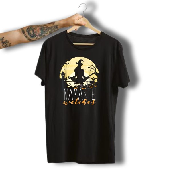 Namaste Witches Halloween Yoga Meditation Silhouette With Pumpkins And Bats T Shirt t shirt 1
