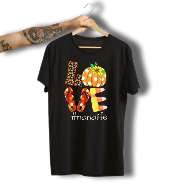 Nanalife Funny Love Pumpkin Flip Flops Halloween Candy Corn And Sunflower T Shirt t shirt 1