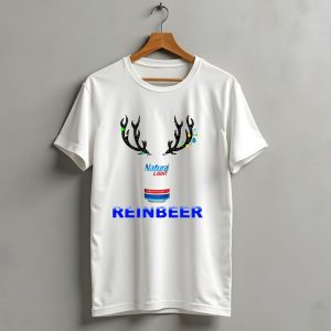 Natural Light Reinbeer Christmas Can With Antlers Festive T Shirt 1