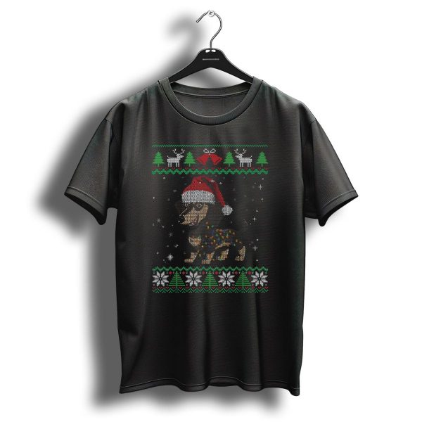 Naughty Dachshund Christmas Lights Ugly Sweater Santa Hat T Shirt 1 t shirt 1