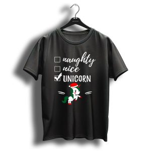 Naughty Nice Unicorn Santa Hat Christmas Checklist T Shirt