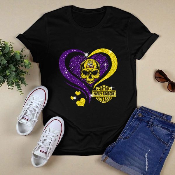 Ncaa Lsu Tigers Skull Heart HD Motor Cycles T Shirt Black 1