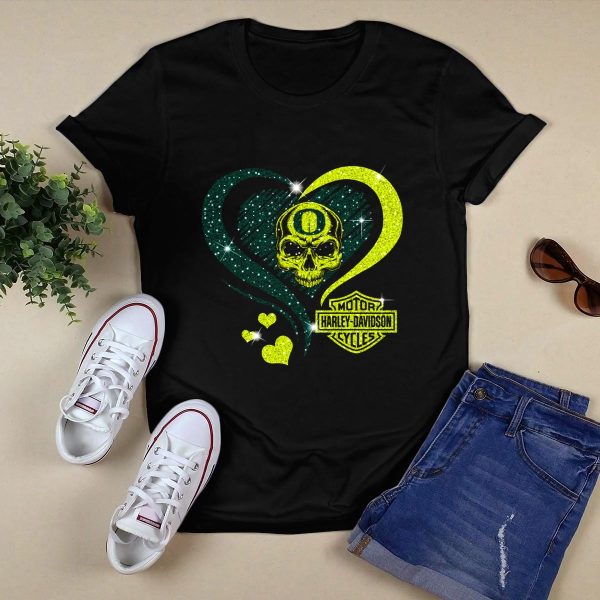 Ncaa Oregon Ducks Skull HD Motor Cycles Heart T Shirt 1