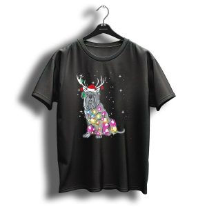 Neapolitan Mastiff With Christmas Lights And Santa Hat In Snowy Night T Shirt